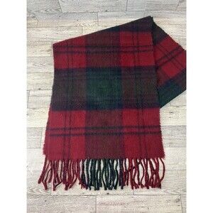 100% Lambswool Made In Italy  Green And Red Plaid Fringe Scarf holiday 12 by 60